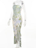 Purpdrank  Women's Elegant Floral Print Strapless Bodycon Maxi Dress Ruffle Hem High Slit Vacation Party Dress