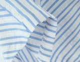 Purpdrank  Stylish Blue White Striped Lapel ollar Short Puff Sleeve Shirt Women Slim Waist Open Buttons Crop Blouse Girl's Tops