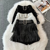 Purpdrank   Fashionable Fringed Short Pants Sexy Women's Style Cross-Border New Model Roman Cloth Knitted Mid-Waist Commute Style
