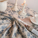 Purpdrank  Round 150Cm Blue Rose Printed Tablecloth Romantic Cotton and Linen Dust-Proof Table Cover Retro Lace Trim Furniture Protector