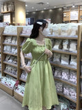 Purpdrank  French Style Square Neck Women Summer New Waist-hugging Slimming Mid-length Short-sleeved Dress
