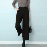 Purpdrank  Women's Autumn/Winter New Petite Casual Pants Cropped Bell Bottoms With Belt BlackWoolen Long Pants Versatile Nine-Seven-Five Pa