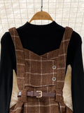 Purpdrank - High Quality Fall Winter Women Sweater Overalls Dress Sets Casual Knitted Tops +Plaid Woolen Dress 2 Piece Sets Outfits Female