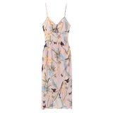 Purpdrank  Retro French Style Pink Floral Print Cut out Bow Front V neck Sling Dress Cross Slit Hem Midi Long Tank Dresses Femme Vestidos