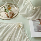 Purpdrank  Green Chiffon Lace Embroidery Bedding Set Home Textile 100%Cotton Solid Color Princess Ruffles Duvet Cover Bed Sheet Pillowcases