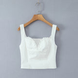 Purpdrank  White Cotton Spliced Embroidery Lace Wood ears V neck Camisole Camis Women Summer Tank Tops Side Zipper Girl Slim Crop Top