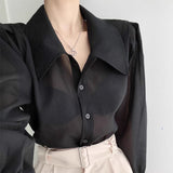Purpdrank  Korean Chic Sheer Blouse Women Sexy Single Breasted Black Shirts Thin Bubble Sleeve Sunscreen Tops Female Summer Fashion