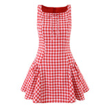 Purpdrank  Sexy Red Gingham Plaid Mini Sleeveless Dress Women Bow O Neck Zipper Back Low Waist Ruched Hem Swing Tank Dresses Vestidos Black