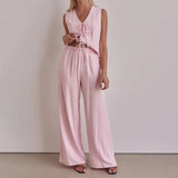 Purpdrank  Trousers Suit Office Lady Outfits Elegant Women Loose Two Piece Set Sleeveless Lace Up Vest Top Elastic Waist Wide Leg Pants Set