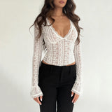 Purpdrank  See Through Sexy Lace T-Shirt Elegant Fashion Slim-Fitting Deep V-Neck Long Flare Sleeve Tees Women Layering Tops Y2K Streetwear