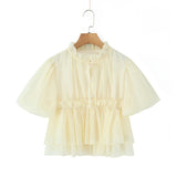 Purpdrank  Stylish Yellow Bow Wood ears O collar Short Lantern Sleeve Shirt Women 2 Layers Ruffles Hem Chiffon Crop Tops Blouse Femme