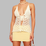 Purpdrank  Women's Sweet Summer Knitted Vest Bohemian Beach Style Solid Color Sleeveless Front Slit Hollow Vest