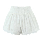 Purpdrank  Ballet Girl White Embroidery Hollow Out hole Spliced Lace Shorts Women Holiday Elastic Waist Short Pants With Linging
