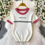 Purpdrank  Korean Sle Student Stripe Knitted T-irt Top High Waist A-Line Skirt Set round Ne ort Sve Casual Faion Ensemble