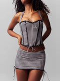 Purpdrank  Trendy Teenage Girl's Bodysuit with Waist-Cinching Strap Fibone a Top with Dstring A-Line  Skirt Faion Set