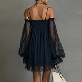 Purpdrank  Bohemian Solid Lace Trim Off Shoulder Party Dresses Woman Long Puff Sleeve Flowy Mini Dress Spring Summer Backless Holiday Dress