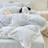 Purpdrank  Princess Style Bedding Sets Ruffle Lace Bow Quilt Cover Romantic Print Bedclothes Home Bedroom Decor Woman Girl Duvet Cover 4pcs