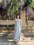 Purpdrank  French Mermaid Princess Summer Elegant Fish Tail Gradient Strap Waist Inward New Style Beach Dress Vacation Long Dress