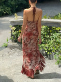 Purpdrank  Women's Elegant Floral Print Halter Neck Bodycon Midi Dress Ruffle Hem High Slit Party Dress