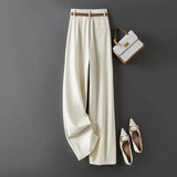 Purpdrank  Tall Women's Narrow Wide Leg Pants High Waist Drapey Straight Loose Casual Suit Pants Long Trousers in Beige Color