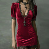 Purpdrank  Vestidos Sexy Deep V Neck Hollow Lace Dresses Woman Elegant Solid Velvet Fit Mini Dress Spring Summer Short Sleeve Bodycon Dress
