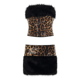 Purpdrank  Sequins Leopard 2 Piece Set for Women Fashion Furry Strapless Sleeveless Crop Tube Top and Mini Pencil Skirt Matching Suit