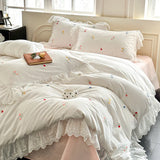 Purpdrank  100% Cotton French Small Fresh Floral Embroidery Lace Ruffles Bedding Set Duvet Cover Set Flat/Fitted Bed Sheet Pillowcases 4Pcs