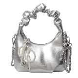 Purpdrank  Y2K Style Underarm Bags for Women Pleated Handle Design Ladies Pearl Bow Handbag Adjustable Strap Shoulder Crossbody Bag