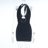 Purpdrank  Women's Sexy Black Halter Neck Bodycon Mini Dress Rhinestone Detail Cut Out Ruched Party Dress
