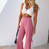Purpdrank  Women's Printed Plaid Split Trousers New Fashion High Waist Straight Leg Pants for Ladies