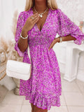 Purpdrank  Dresses Women V Neck Low Cut Boho Print Dress Ruffled Half Sleeve Dresses Summer New Fashion Chic Elegant Dress