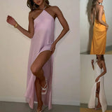 Purpdrank  Sexy Satin Ribbon Party Dress Women Elegant Halter Backless Off Shoulder Sleeveless Maxi Dresses Summer Side Split Long Dress