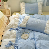Purpdrank  Korean Princess Style Lace Ruffles Plaid Patchwork Bow Embroidery 100% Cotton Bedding Set Duvet Covers Bed Sheet Pillowcases