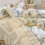 Purpdrank  Korean Princess Style 100% Cotton Bedding Set French Flowers Print Lace Ruffles Duvet Cover Bed Skirt Bedspread Pillowcases 4Pcs