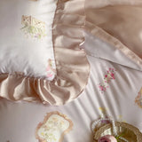 Purpdrank  4Pcs Lyocell Soft Silky Cooling Summer Bedding Set Rose Floral Prints Ruffles Duvet Cover Set Bed Sheet/Fitted Sheet Pillowcases