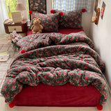 Purpdrank  Winter Velvet Single Queen King Size Bedding Set Cute Fur Ball Duvet Cover Floral Flat/Fitted Bed Sheet Pillowcases 3/4Pcs
