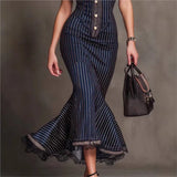 Purpdrank  Women's Striped Mermaid Maxi Dress Lapel Collar Short Sleeve Button Slim Fit High Waist Ruffle Elegant Office Party Long Dresses