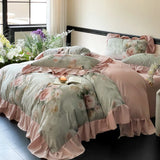 Purpdrank  Vintage French Rose Flowers Prints Ruffles Bedding Set 100% Cotton Brushed Fabric Duvet Cover Set Bed Sheet Pillowcases 4Pcs