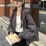 Purpdrank  Flesh Covering Charge Coat Women's Spring Autumn 2023 New Loose Lazy Style Young Short Workwear Hooded Windbreaker Solid Color B