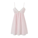 Purpdrank  Sexy Pink Spliced Embroidery Lace Deep V neck Mini Sling Dress Women Adjust Bow Ribbon Back Backless Party Robe Holiday