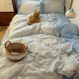 Purpdrank  INS Style Blue Stripes Ruffles Patchwork Bedding Set Single Queen Size 100% Cotton Duvet Cover Flat/Fitted Bed Sheet Pillowcases