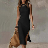 Purpdrank  Fashion Basic Slim Midi Dresses Women's Sexy O-Neck Side Split Sleeveless Solid color Bodycon Robe Commute Vacation