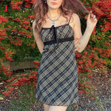 Purpdrank  French style Summer New style Women's Short skirt Sweet Fresh Plaid Suspenders Sexy Lace Mesh Patchwork A-line Dresses