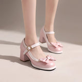 Purpdrank - Girls Sweet Bow Moccasins Shoes Womens Lolita Mixed Colors Mary Janes Square Heels Ballet Pumps Bordered Shoe zapatillas mujer