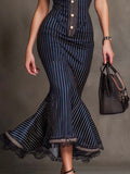 Purpdrank  Women's Striped Mermaid Maxi Dress Lapel Collar Short Sleeve Button Slim Fit High Waist Ruffle Elegant Office Party Long Dresses