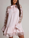Purpdrank  Elegant Women Ruffle Edge Banquet Dress 2026 Flared Sleeve Solid Color Commuting Dress Fashion Lace Patchwork Holiday Mini Dress