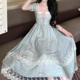 Purpdrank  French Gentle Style Vintage Women Dress Sweet Bow Short Sleeve Dress Lace Splice Korean Popular Chic Long Dress New Summer 2025
