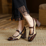 Purpdrank  New Patent Leather Mary Jane Women's Shoes LEISURE Buckle Shallow Pumps Square Toe Thick Heel Shoes Woman Zapatos De Mujer