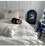 Purpdrank  Pink Luxury Princess Wedding Lace Ruffles 100% Cotton Bedding Set Duvet Cover Bed Sheet/Bed Skirt/Fitted Sheet Pillowcases 4Pcs