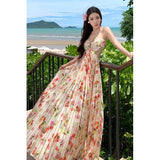 Purpdrank  New Floral Waist-Cinching Slimming 7m Pleated Long Halter Dress for Women